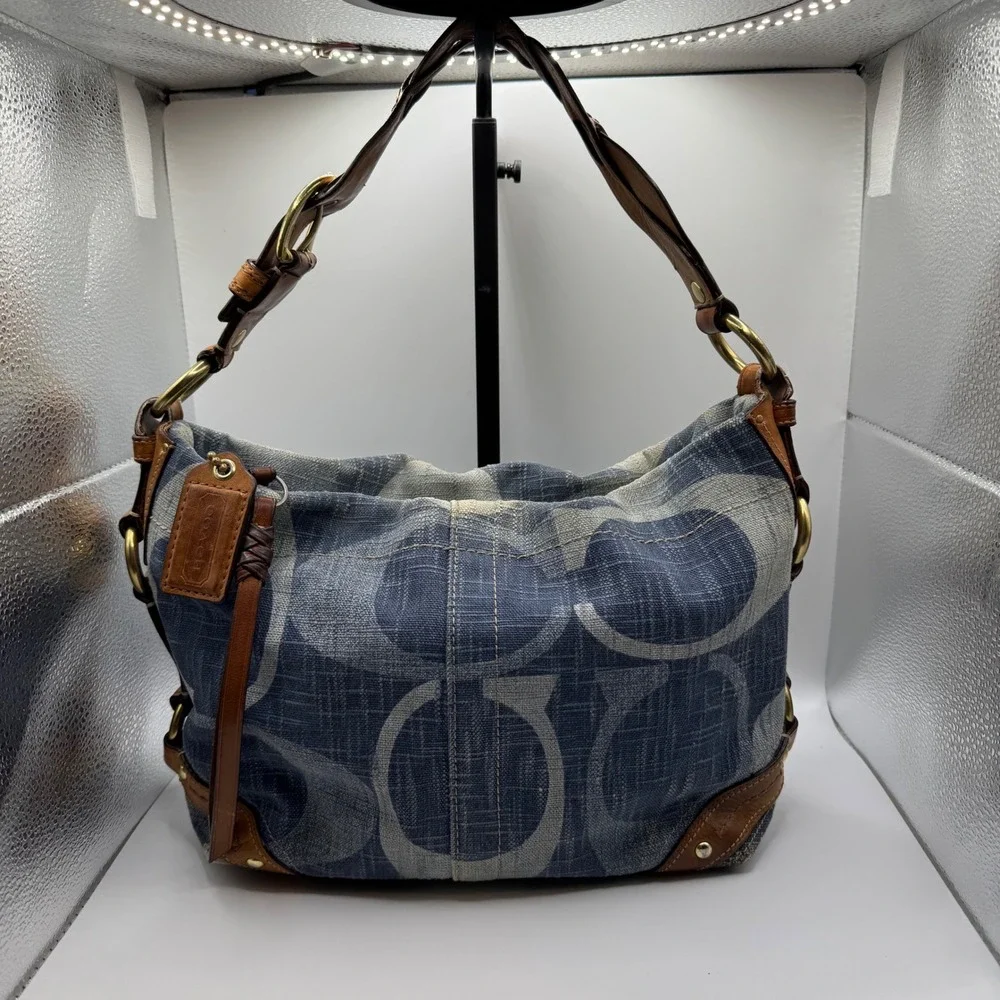 Vintage Y2K Coach Carly Medium Blue Denim Jumbo Optic Signature Hobo Bag 12197
